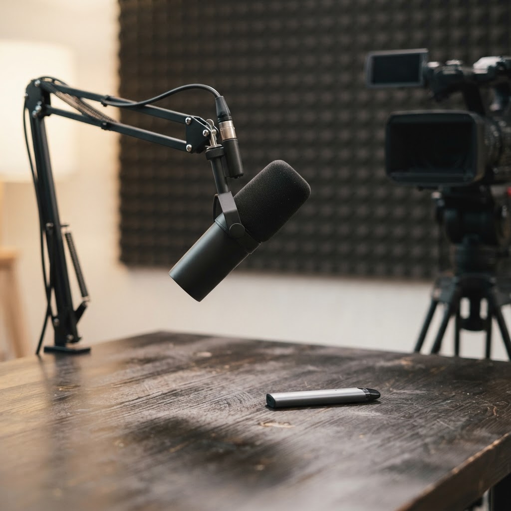 Studio nagrań: mikrofon na wysięgniku i kamera na statywie, na drewnianym blacie podgrzewacz tytoniu.