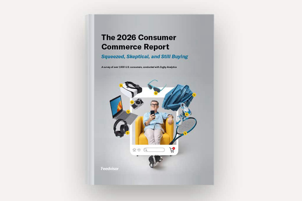 Okładka raportu Feedvisor 2026 Consumer Buying Behavior Report z mężczyzną w fotelu ze smartfonem, otoczonym ikonami produktów