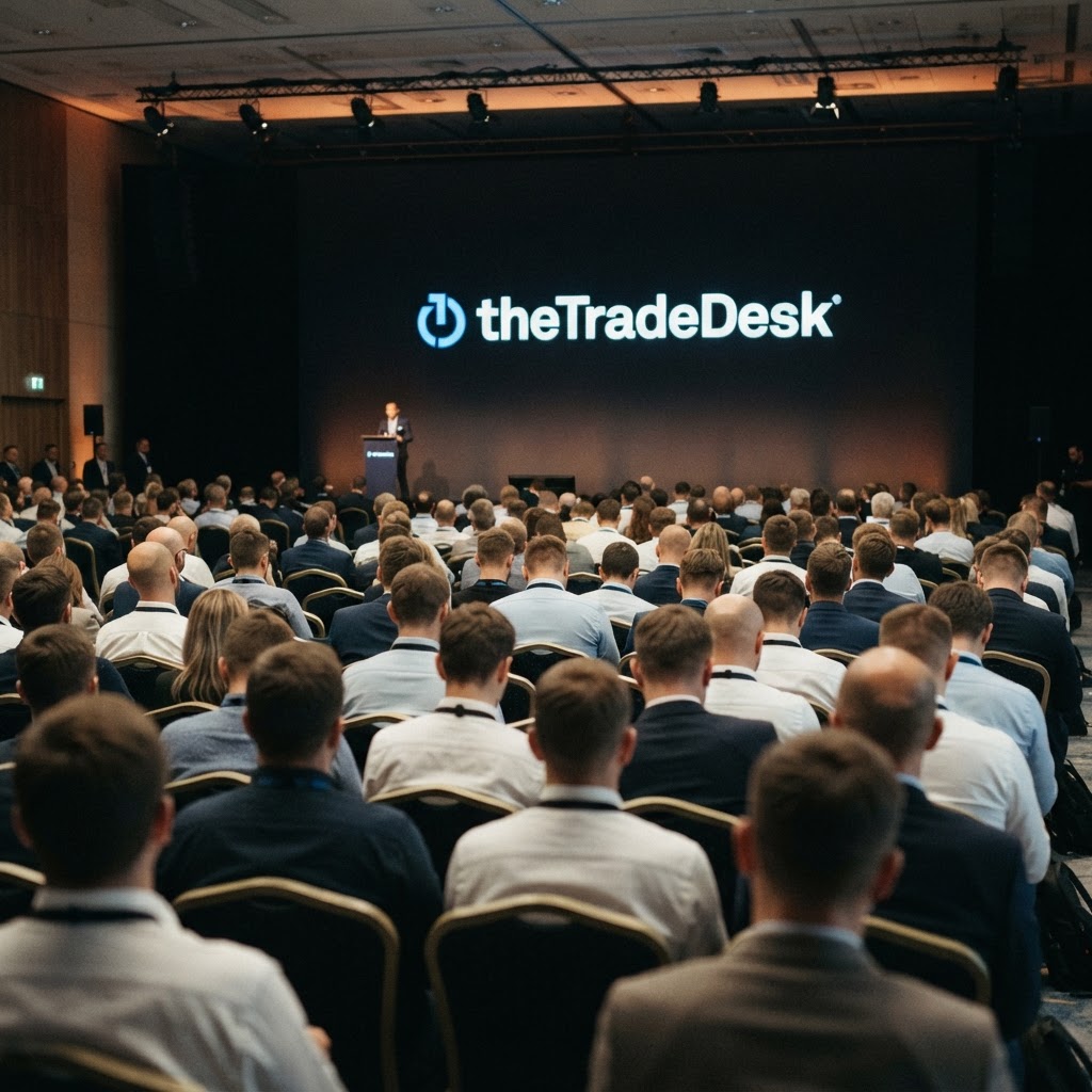 Marketerzy w rzędach na konferencji w Warszawie patrzą na scenę z logo The Trade Desk, gdzie omawiane są agenci Koa.