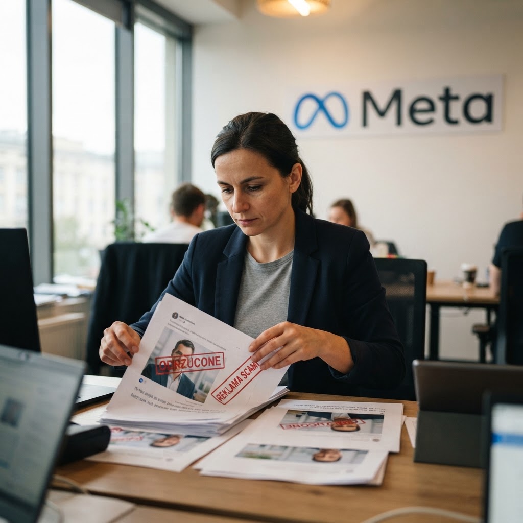 Specjalistka sortuje wydruki podejrzanych reklam oszustw z twarzą biznesmena pod logo Meta na ścianie biura.
