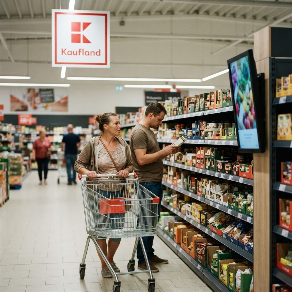 Kobieta z wózkiem i mężczyzna czytający etykietę w alejce Kaufland, a przy regale smukły ekran reklamowy sieci Nanovo