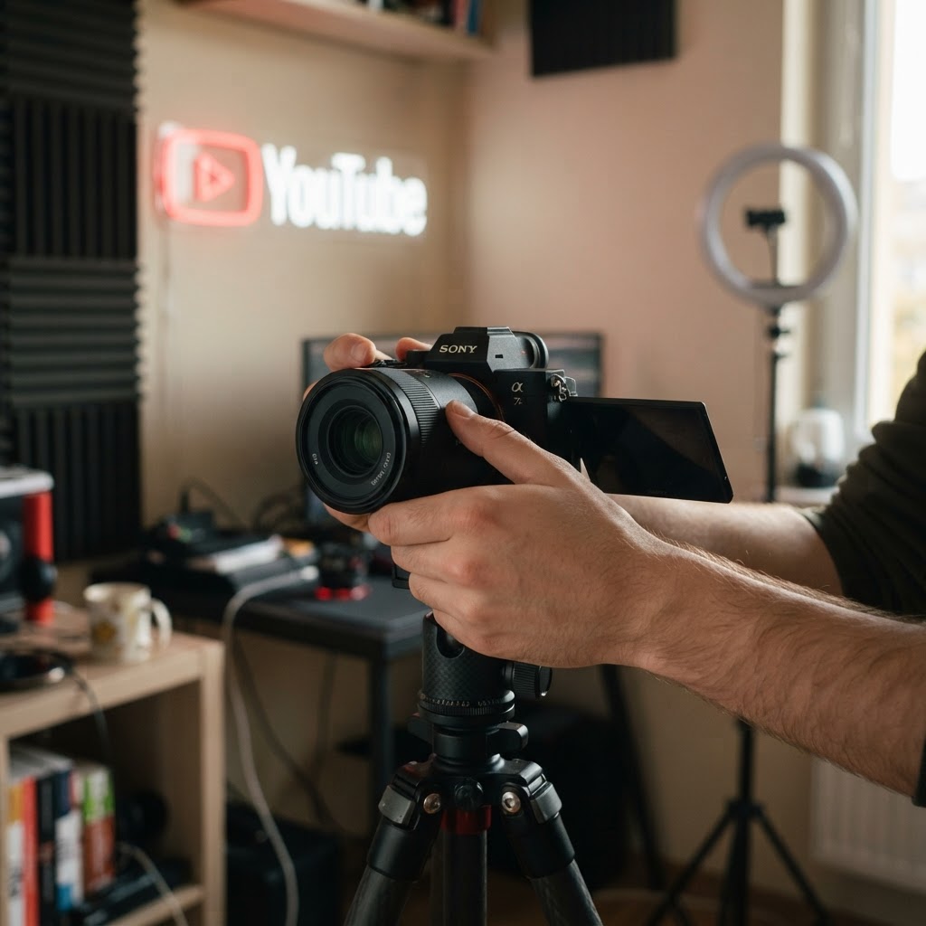 Dłonie twórcy ustawiają aparat na statywie w domowym studiu, obok czerwony neon YouTube przed publikacją filmu.