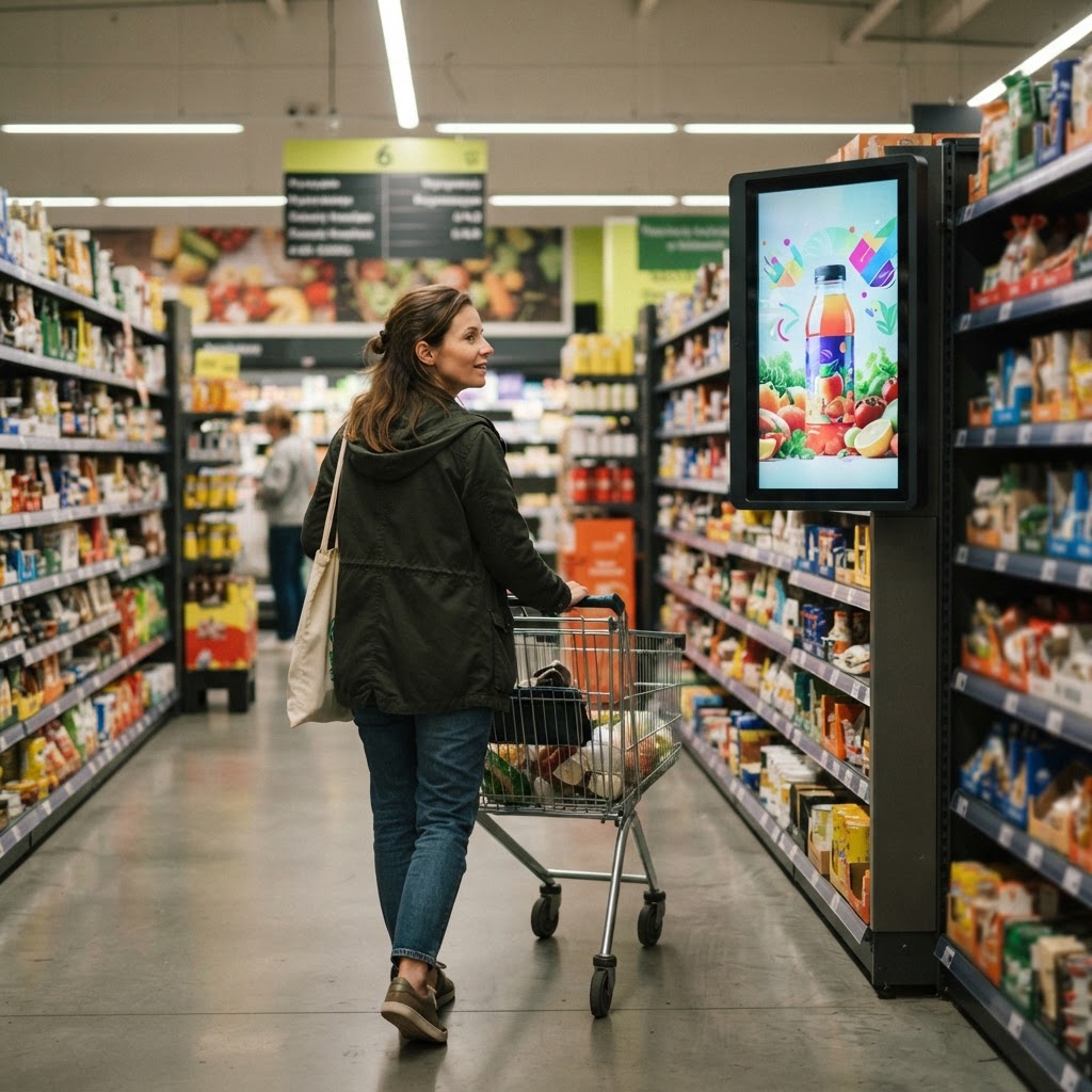 Kobieta z wózkiem w polskim supermarkecie zerka na pionowy ekran reklamowy w alejce, czyli retail media w sklepie.