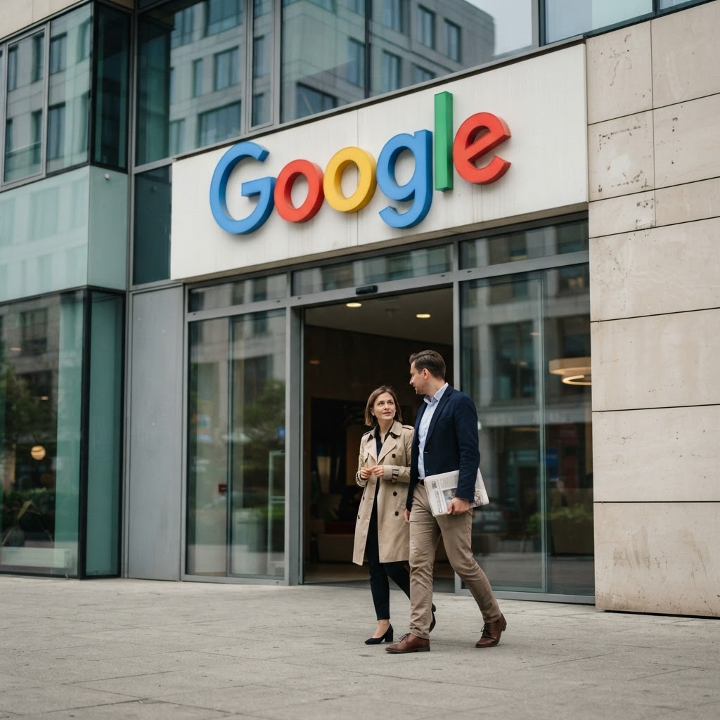 Dwoje pracowników idzie do szklanego wejścia biurowca z logo Google, jeden z gazetą pod pachą, w sprawie zarzutów UOKiK.