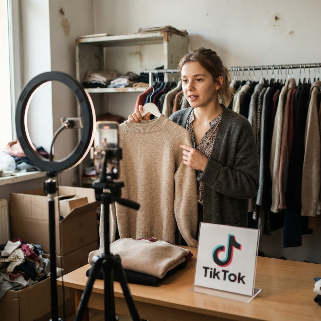 Sprzedawczyni pokazuje dzianinowy sweter przed smartfonem na statywie podczas transmisji LIVE w TikTok Shop