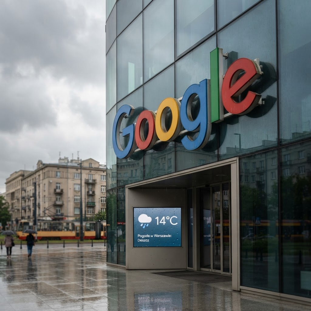 Szklany biurowiec w Warszawie z logo Google w deszczowy dzień, a na ekranie LED karta prognozy pogody w wyszukiwarce