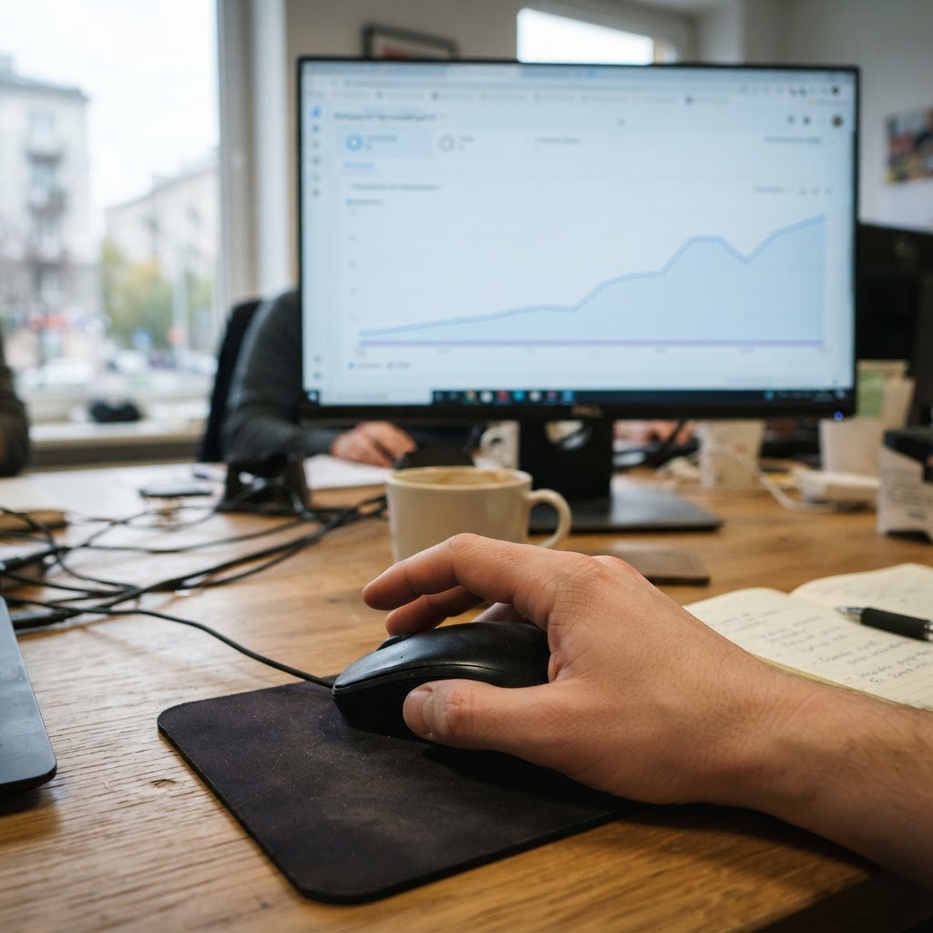 Palec analityka tuż nad myszką, a na monitorze wykres Search Console: rosnące wyświetlenia, kliknięcia przy zerze