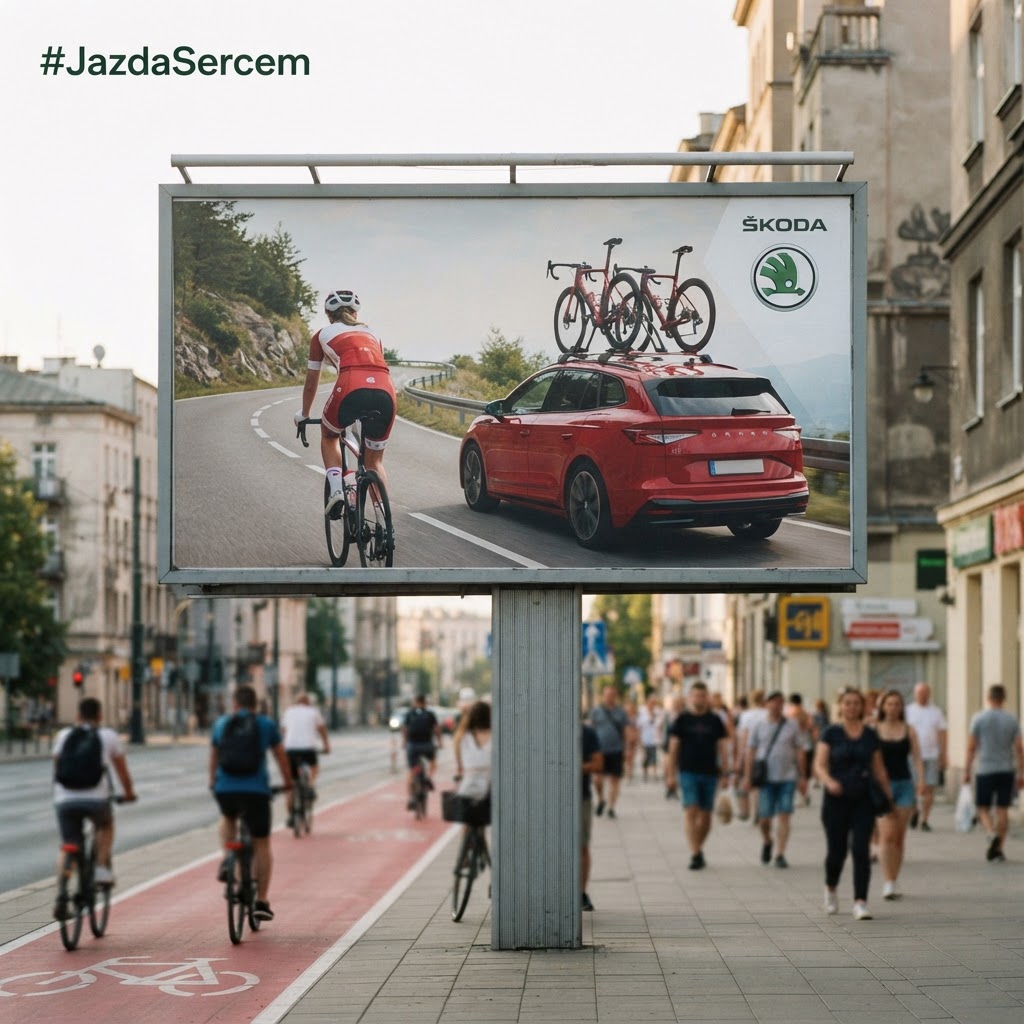 Billboard Škody z kolarką widzianą od tyłu i czerwonym autem wsparcia, kampania #JazdaSercem po Tour de France Femmes.