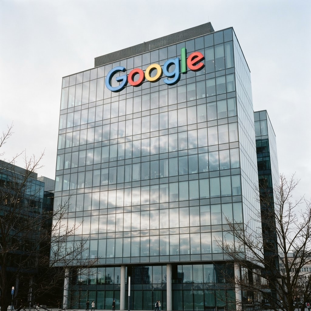 Szklany biurowiec w Warszawie z logo Google na elewacji; Google Analytics filtruje ruch po dozwolonych domenach.