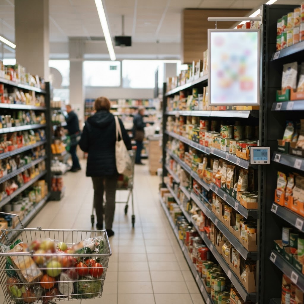 Alejka supermarketu z podświetloną ekspozycją promocyjną i rozmytym ekranem cen, czyli nośnik retail media w sklepie.