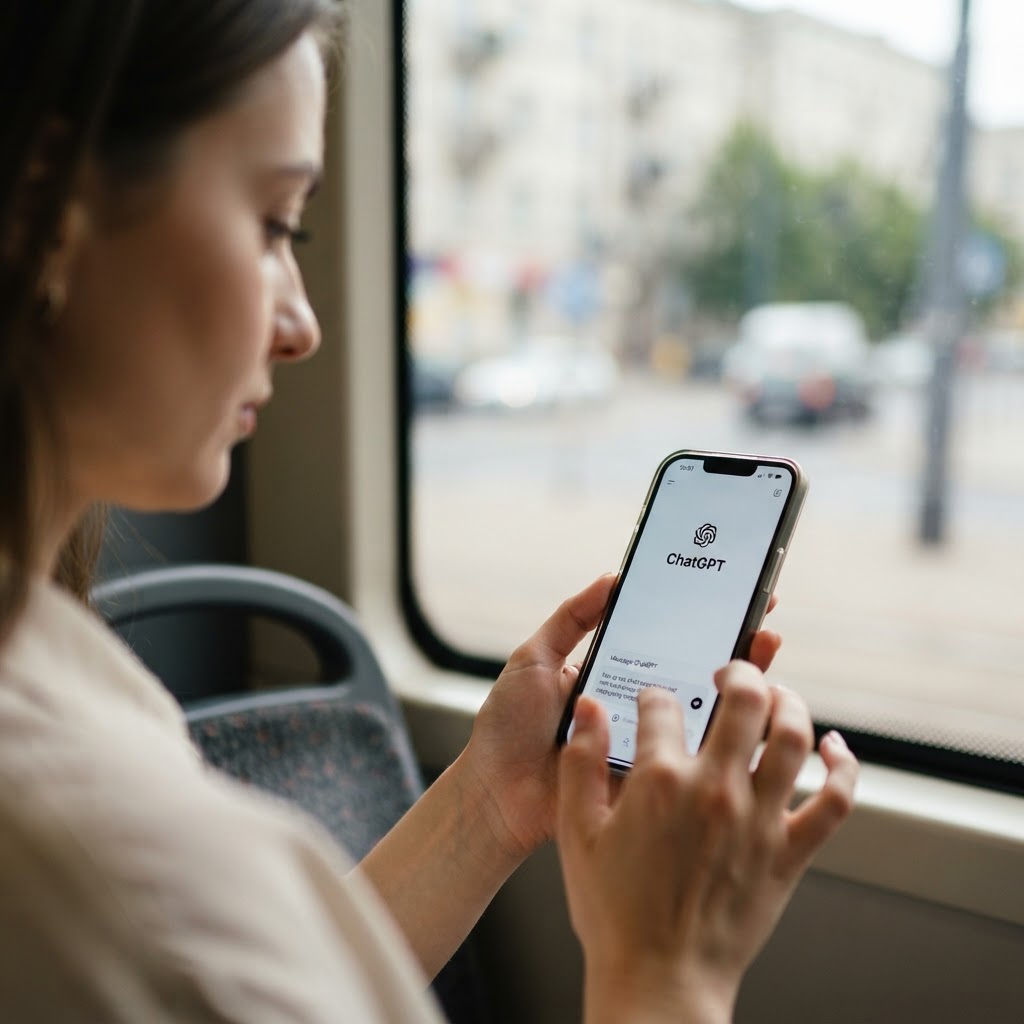 Kobieta w warszawskim tramwaju wpisuje pytanie w ChatGPT na smartfonie, korzystając z niego jak z wyszukiwarki.