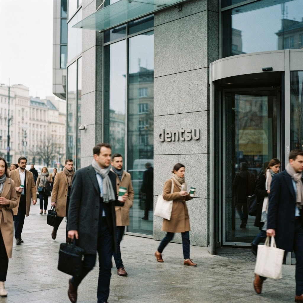 Logo dentsu na kamiennej ścianie przy wejściu do biurowca w Warszawie; firma łączy zespoły commerce i retail media.