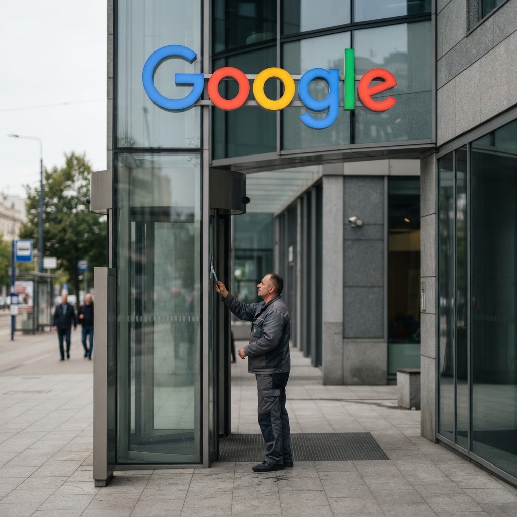 Pracownik w szarej kurtce myje szklane drzwi biurowca Google w Warszawie; artykuł dotyczy sporu sądowego o wyszukiwarkę.