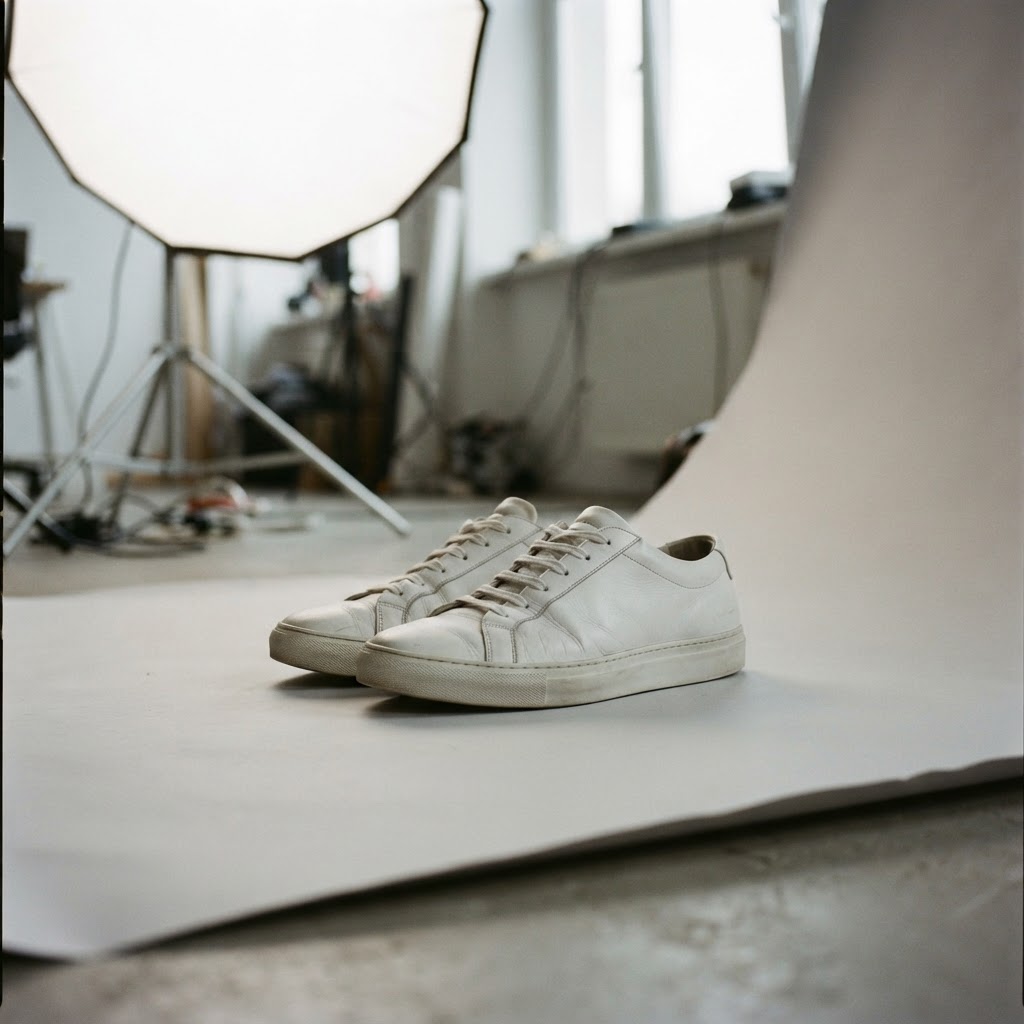Białe skórzane sneakersy bez logo na jasnoszarym tle w studiu fotograficznym, oświetlone dużym softboxem.