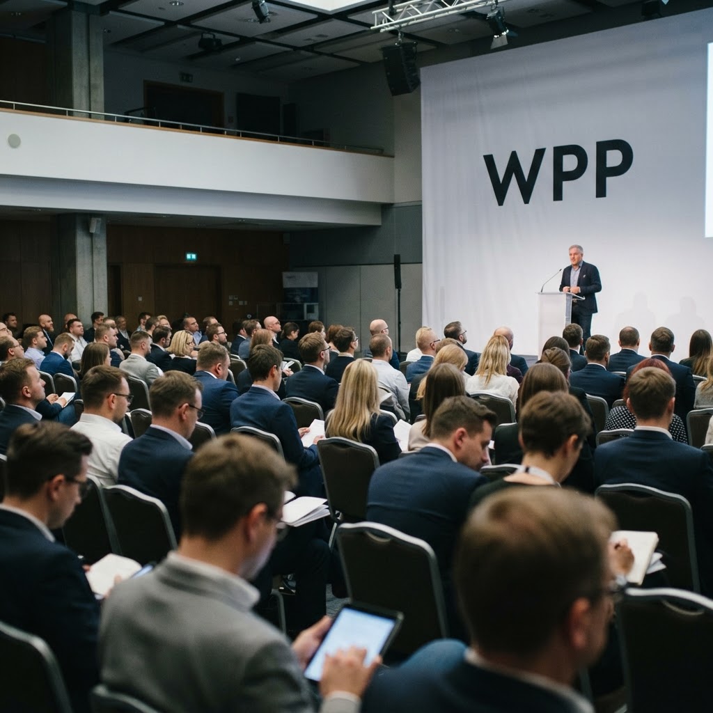 Marketerzy na konferencji w Warszawie patrzą na scenę z logo WPP, gdzie omawiany jest model wynagrodzenia agencji.