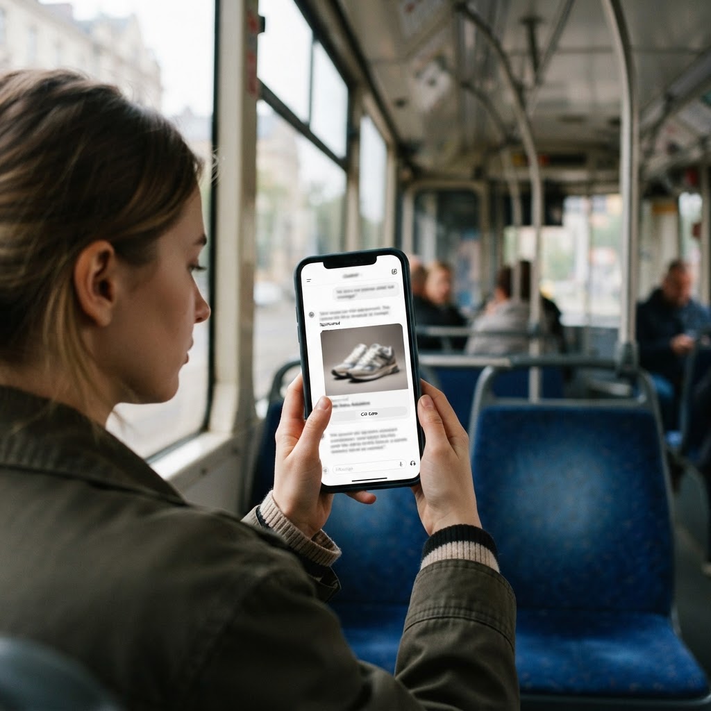 Młoda kobieta w tramwaju trzyma smartfon, na ekranie między dymkami czatu widać duże zdjęcie butów sportowych.