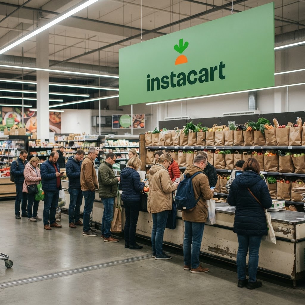 Kolejka klientów przy punkcie odbioru zakupów online w supermarkecie, za ladą papierowe torby z warzywami na wierzchu.