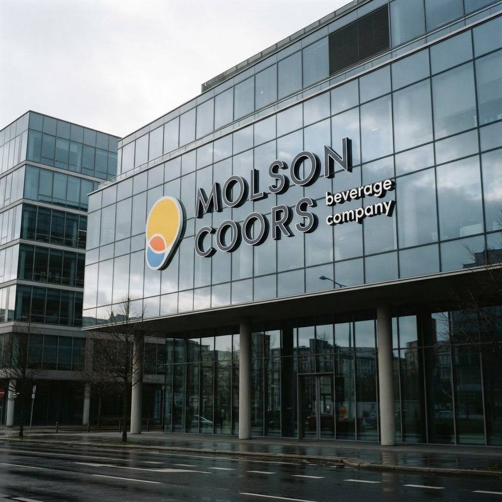 Szklany biurowiec Molson Coors z logo na elewacji, widziany od dołu pod pochmurnym niebem; siedziba koncernu piwowarskiego.