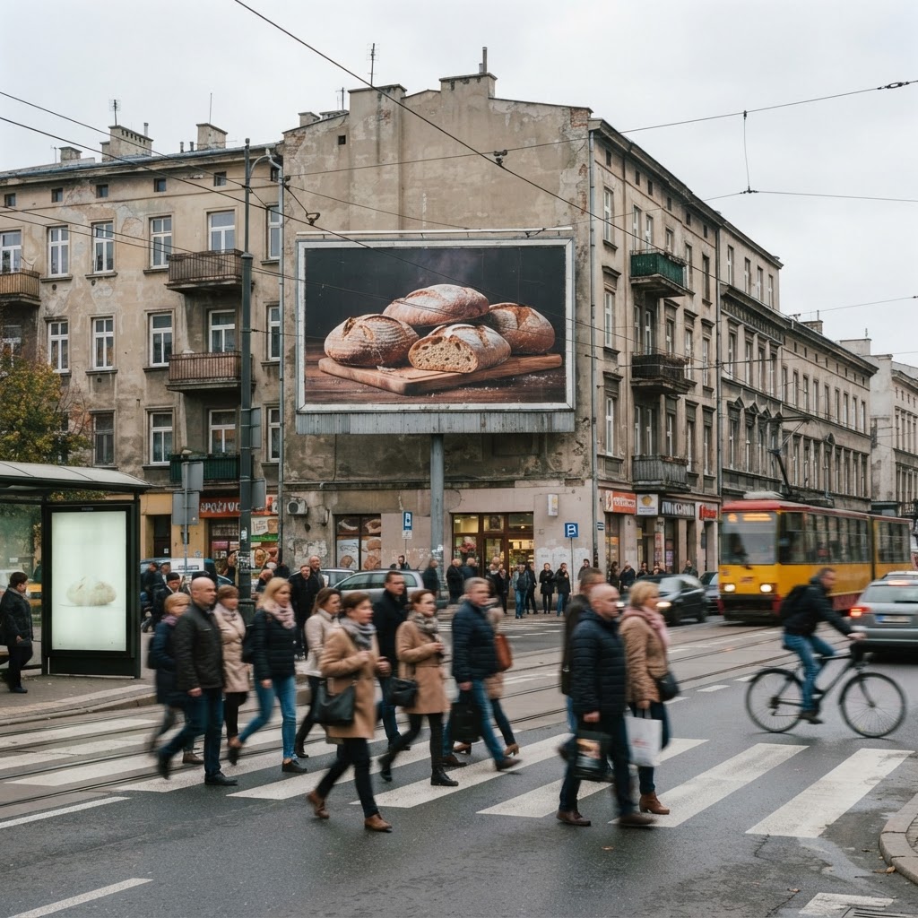 Billboard z reklamą piekarni nad tłumem na przejściu w centrum miasta, gdzie małe firmy mogą kupić reklamę online.