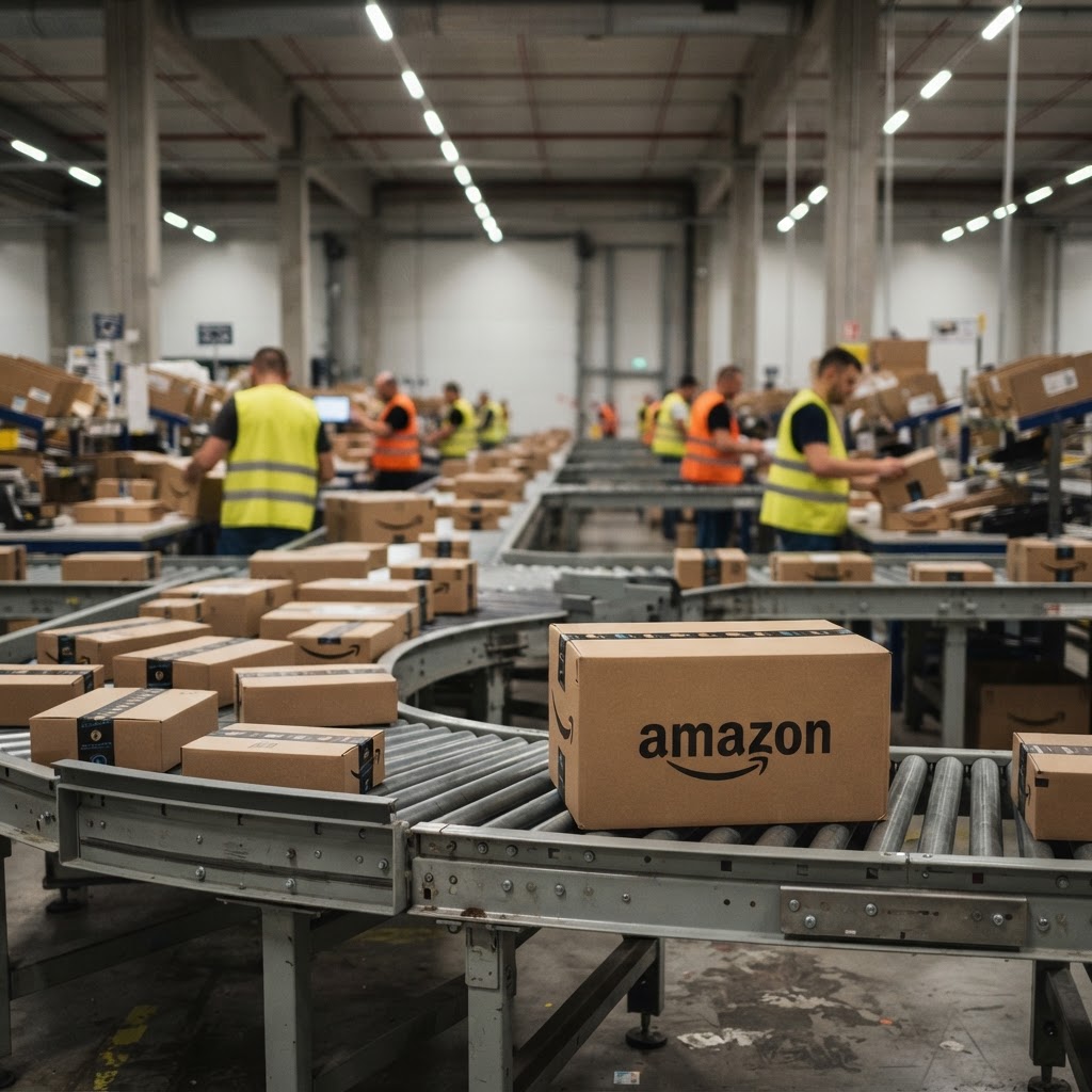 Paczki Amazon jadą taśmociągiem w centrum logistycznym w Polsce, a FTC pozywa firmę za ukryte dopłaty w reklamach.
