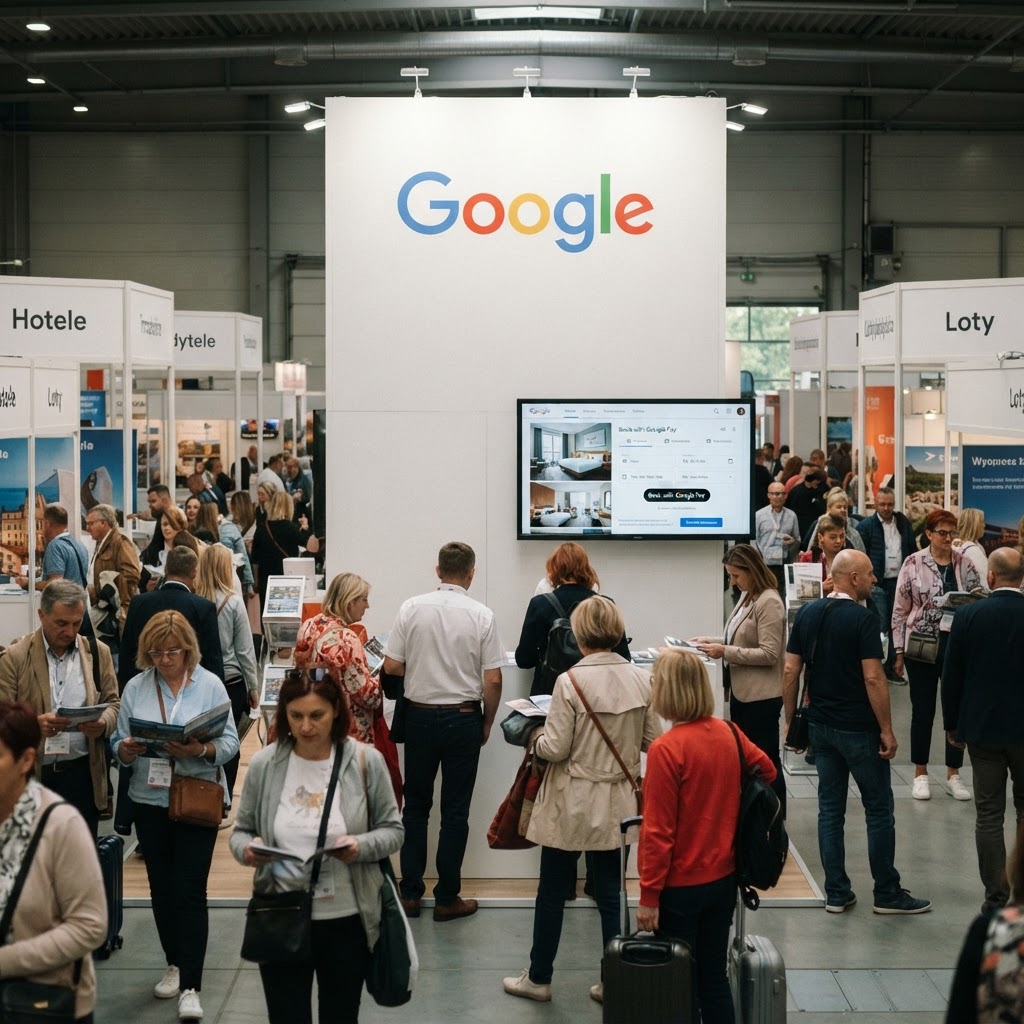 Tłum zwiedzających na targach turystycznych przy stoisku Google z ekranem rezerwac