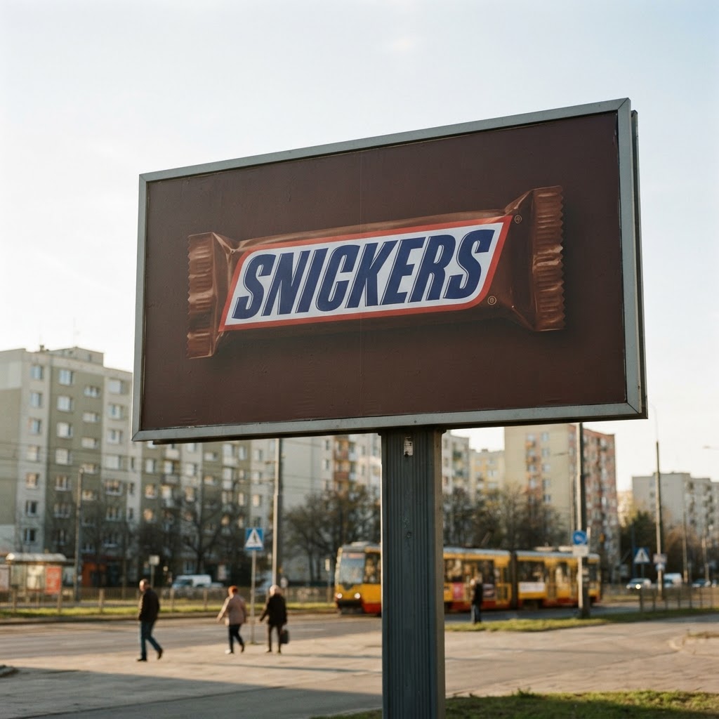 Billboard z ogromnym batonem Snickers na brązowym tle przy polskiej ulicy, reklama wyśmiewa czytanie tekstów z chatbota.