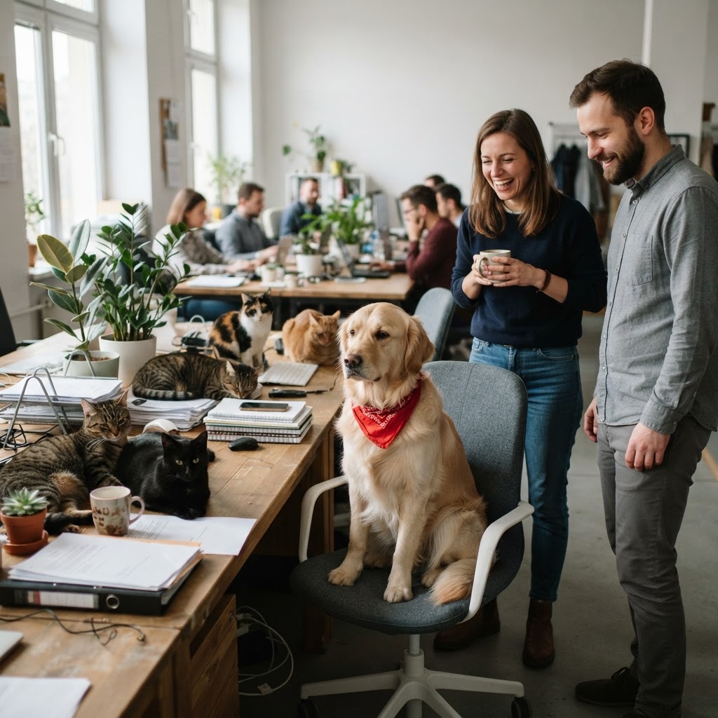 Pies golden retriever siedzi wśród kotów w jasnym biurze, metafora niedopasowania do pracy w kampanii Pracuj.pl.