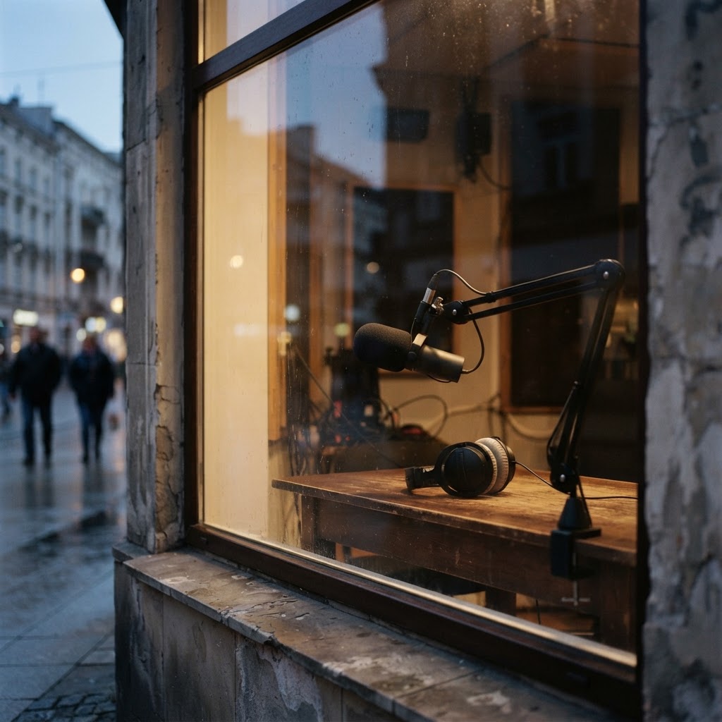 Wieczorny widok z chodnika na okno studia radiowego: mikrofon na wysięgniku z pianką, obok słuchawki i ciepłe światło.