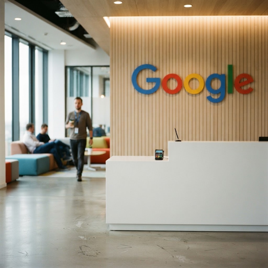 Recepcja biura Google w Warszawie z logo na drewnianej ścianie; sąd nakłada nadzór na adtech Google.