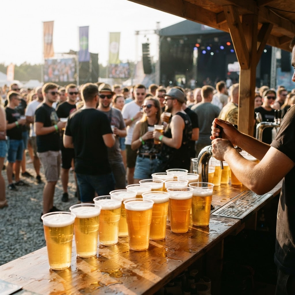 Plastikowe kubki z jasnym piwem na festiwalowym barze, barman przy kranie i tłum w tle, w cieniu planowanego zakazu reklamy.