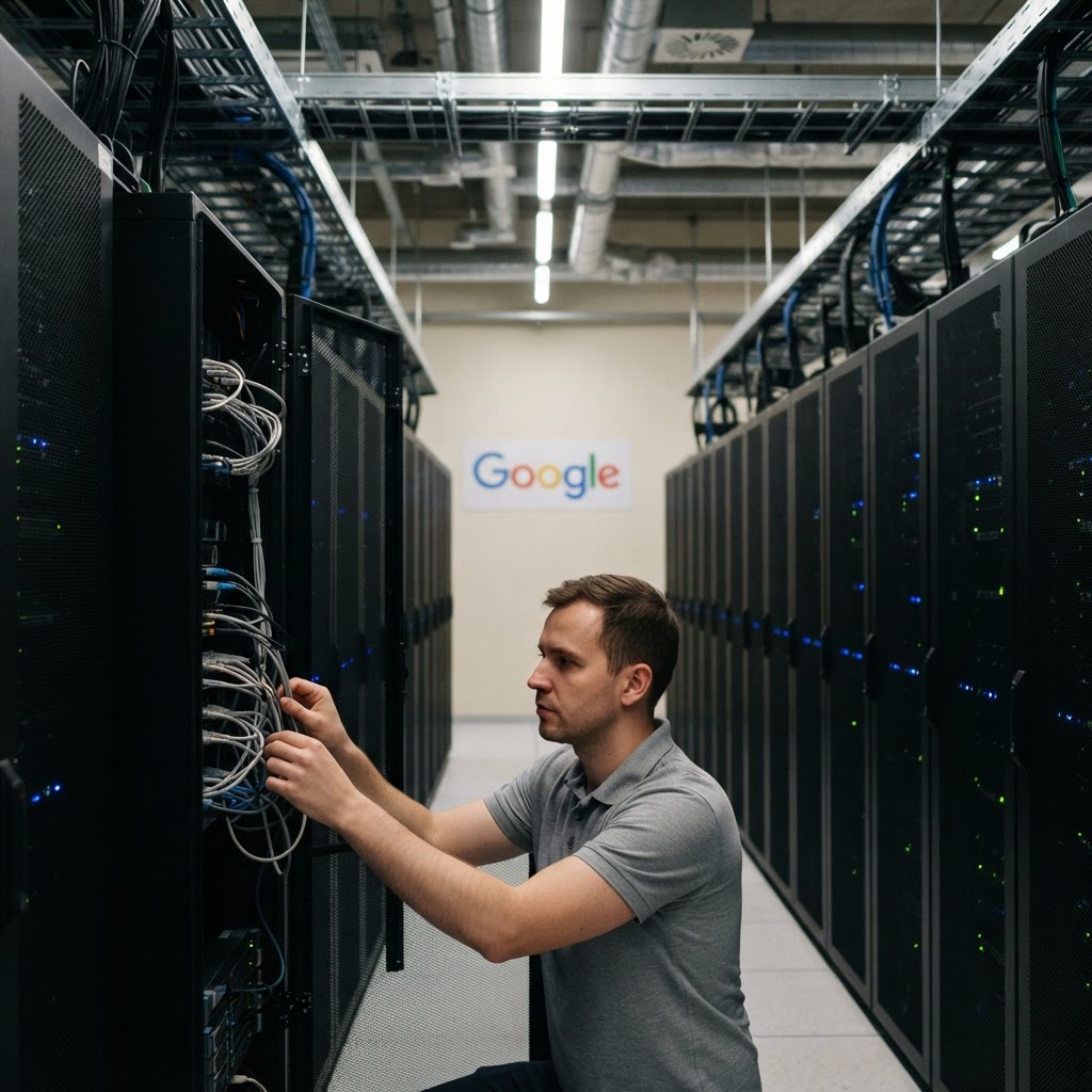 Technik w szarej koszulce sprawdza kable w szafie serwerowej Google, a dane z wyszukiwarki w EOG trafią do konkurentów.