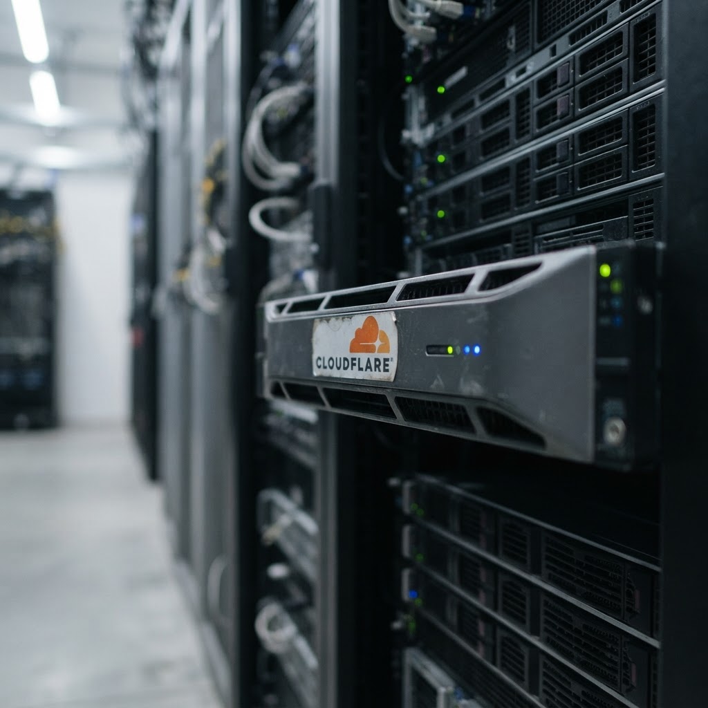 Front serwera w szafie rack z logo Cloudflare i zielonymi oraz niebieskimi diodami, w