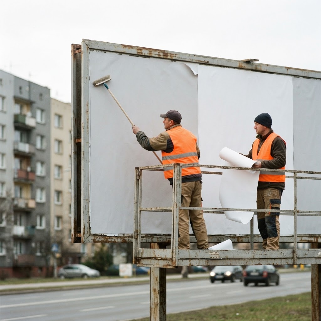 Dwóch pracowników w kamizelkach odblaskowych nakleja jednobarwne arkusze na wielką tablicę reklamową przy ulicy.