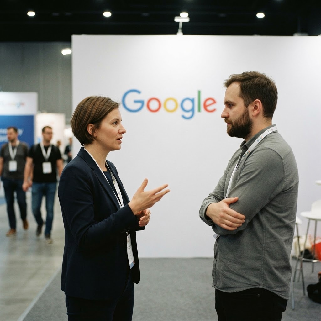 Dwoje marketerów rozmawia na stoisku z dużym logo Google, jeden gestykuluje; w SEO liczy się już więcej niż sam ruch.