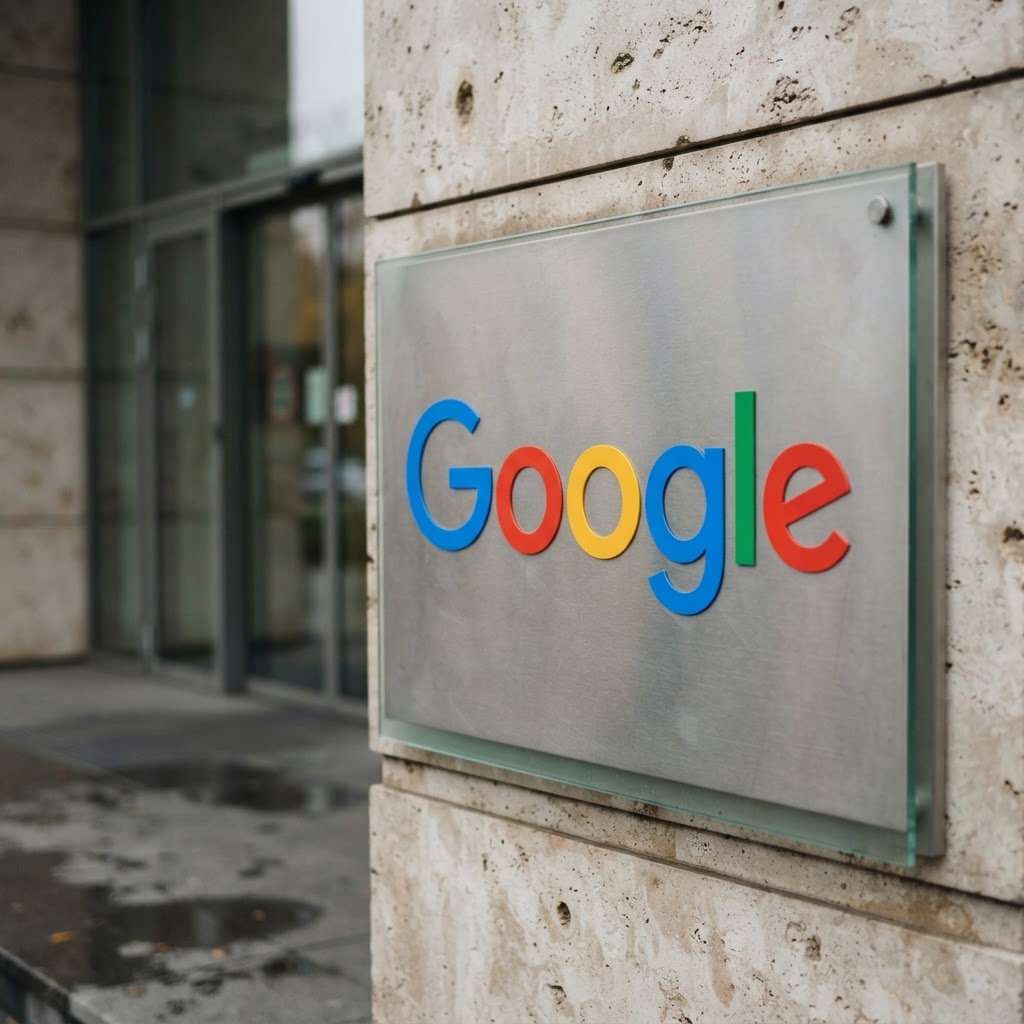 Metalowa tablica z logo Google przy wejściu do nowoczesnego biura w Warszawie, o kampaniach Google Ads z limitem budżetu