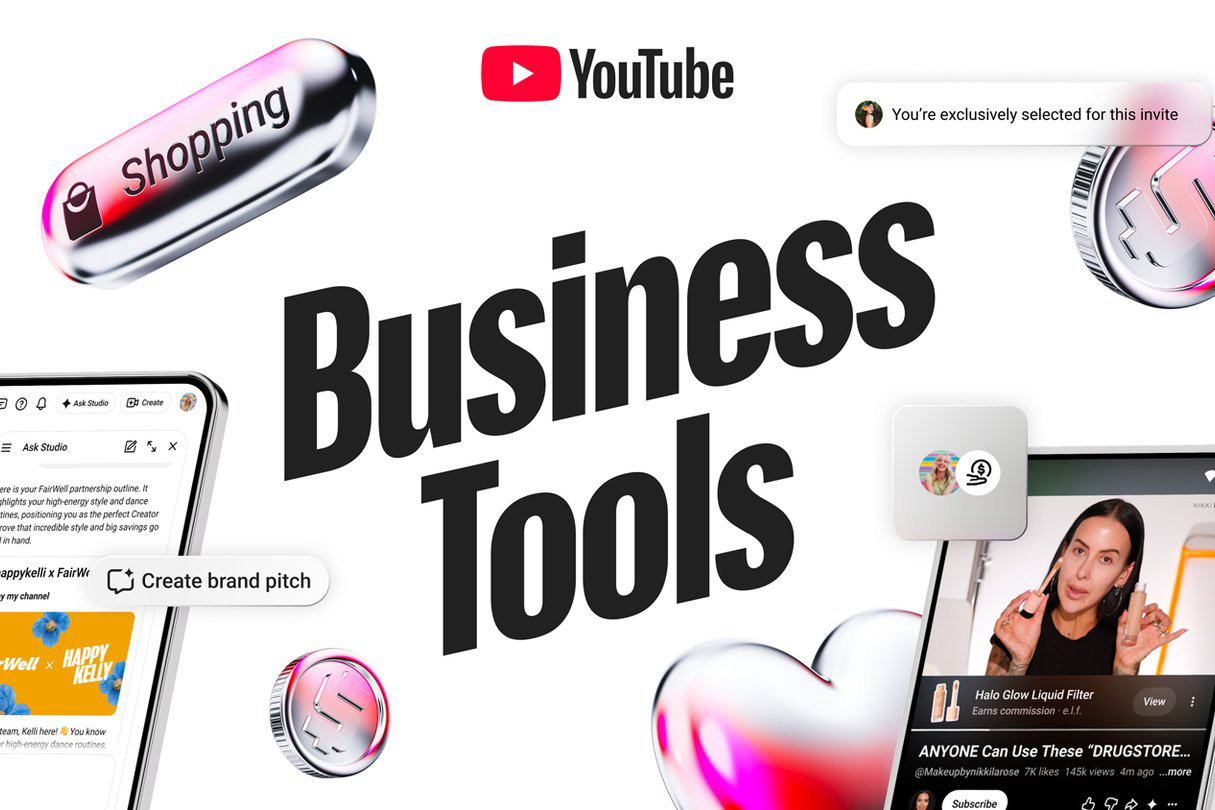 Grafika YouTube z napisami Shopping i Business Tools, logo YouTube, ekrany YouTube Studio i film z oznaczonym produktem na telefonie.