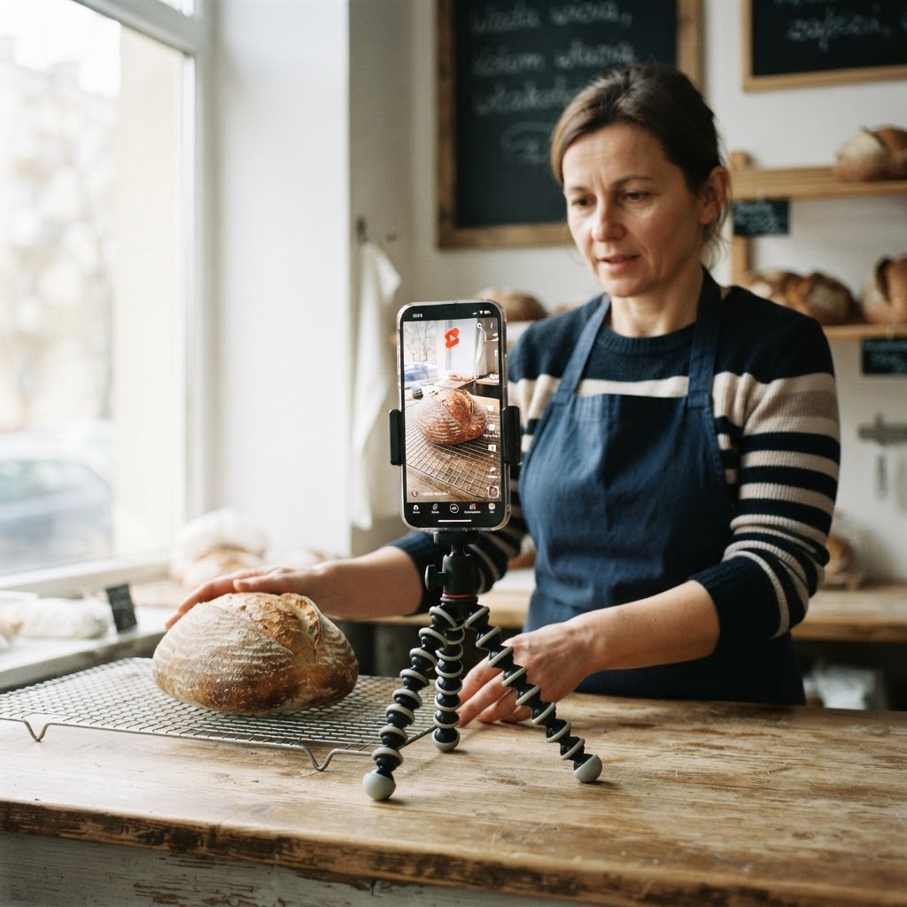 Kobieta w fartuchu nagrywa pionowe wideo chleba smartfonem na statywie w piekarni, format YouTube Shorts w reklamach.