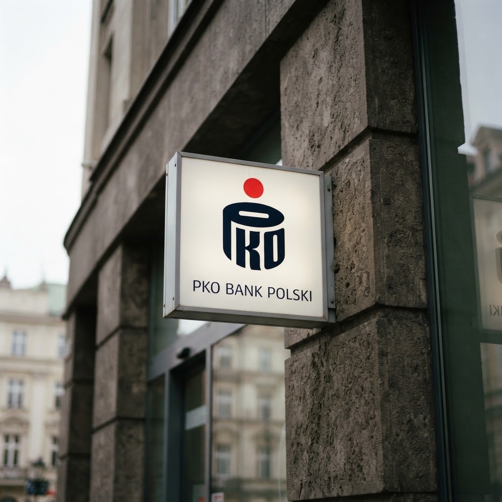Podświetlony szyld PKO BP na fasadzie oddziału w centrum miasta; bank wdraża agenta sztucznej inteligencji.
