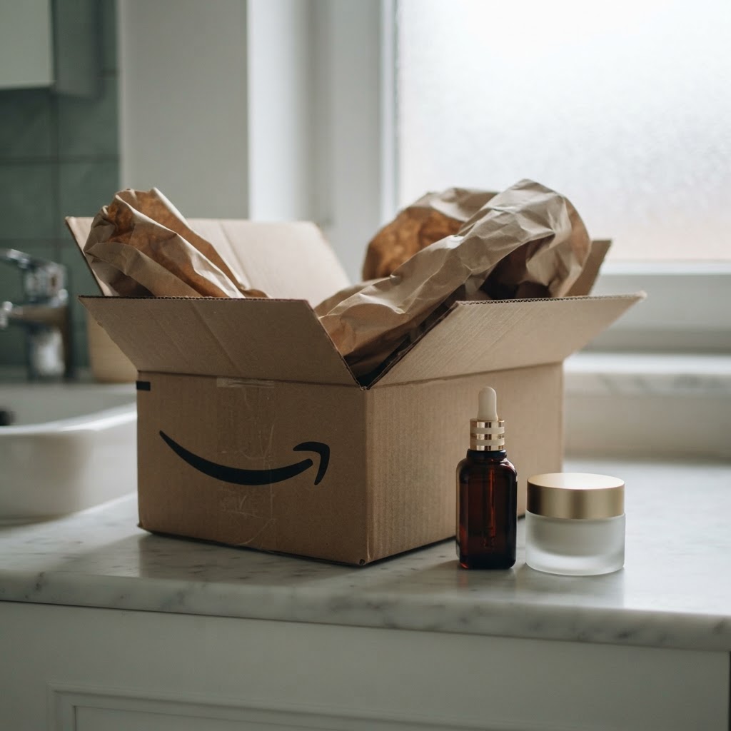 Otwarta paczka Amazon z bursztynowym serum i kremem na marmurowym blacie, symbol sprzedaży premium przeniesionej online.