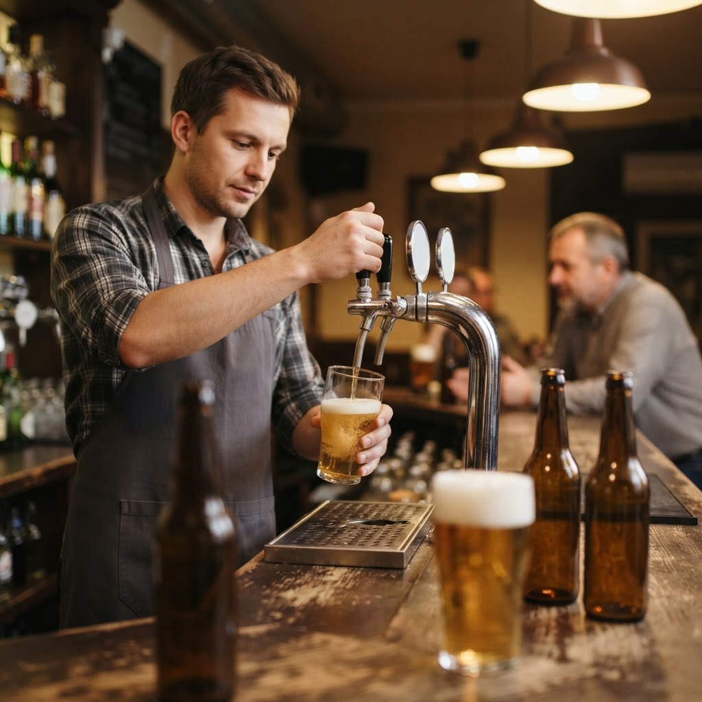 Barman nalewa złociste piwo z kranu do szklanki w polskim pubie, obok butelek bez logo; zakaz reklamy uderzy w marki.
