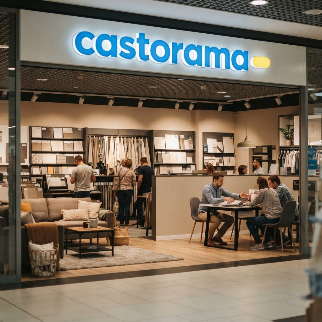 Studio Projektowe Castoramy w centrum handlowym: aranżacja salonu, próbki materiałów i konsultacje z projektantem.