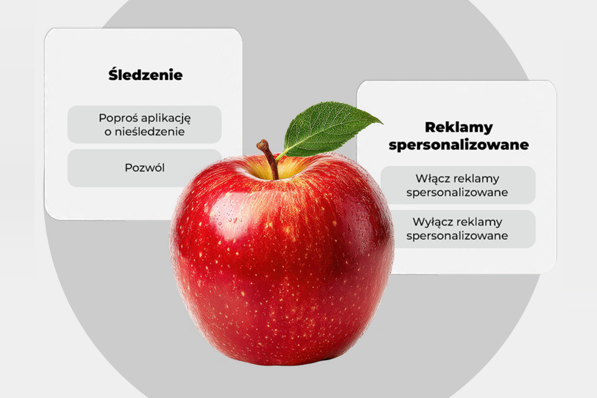 Czerwone jabłko z zielonym liściem między dwoma oknami komunikatów o śledzeniu i reklamach spersonalizowanych w języku polskim