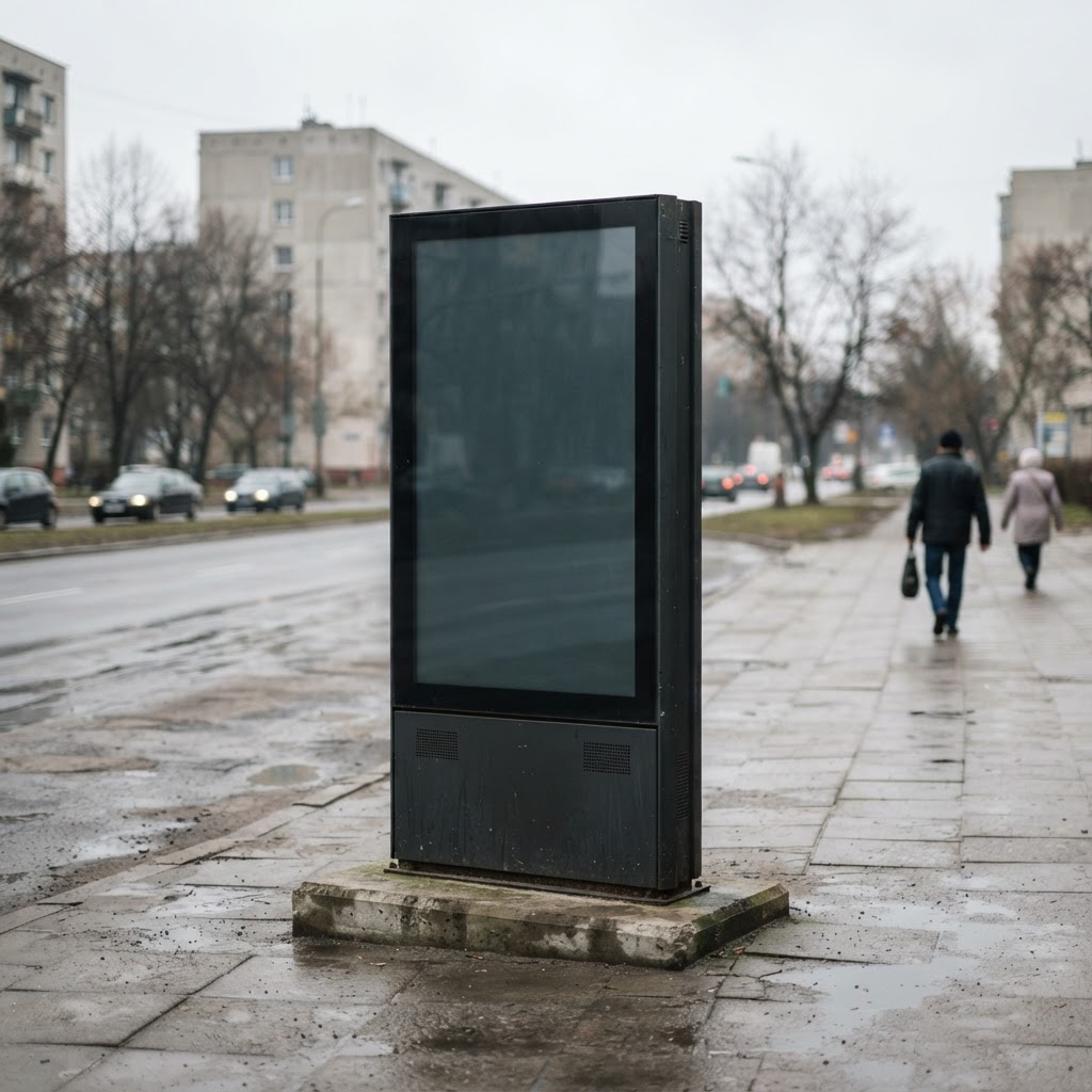Wyłączony cyfrowy totem reklamowy z ciemnym ekranem stoi na mokrym chodniku, w tle szare bloki i gołe drzewa.
