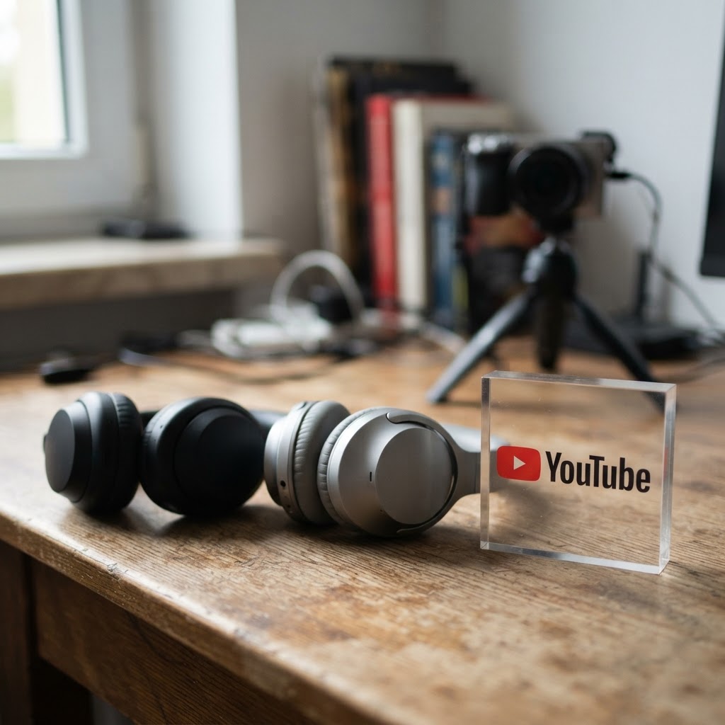Dwie bezprzewodowe słuchawki obok siebie na drewnianym blacie, w tle kamera i logo YouTube – porównanie recenzji wideo.