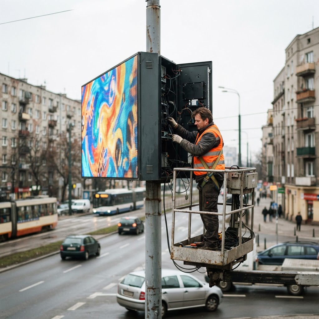 Technik w kamizelce odblaskowej sprawdza ekran LED na słupie przy skrzyżowaniu; digital OOH w Polsce rośnie o 32%.