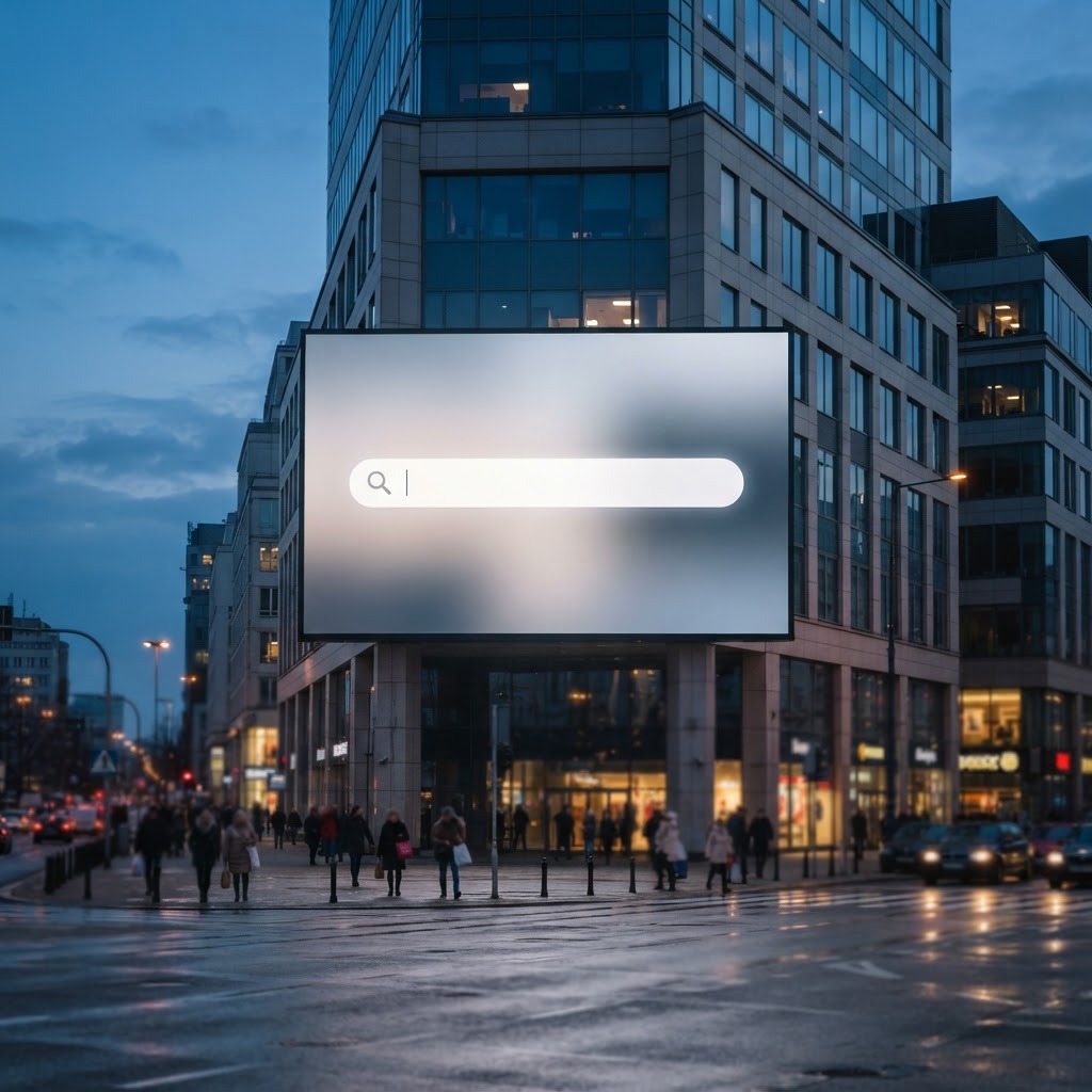 Ekran LED na biurowcu w centrum Warszawy pokazuje białe pole wyszukiwania z lupą, symbol SEO w erze nowych wyszukiwań.