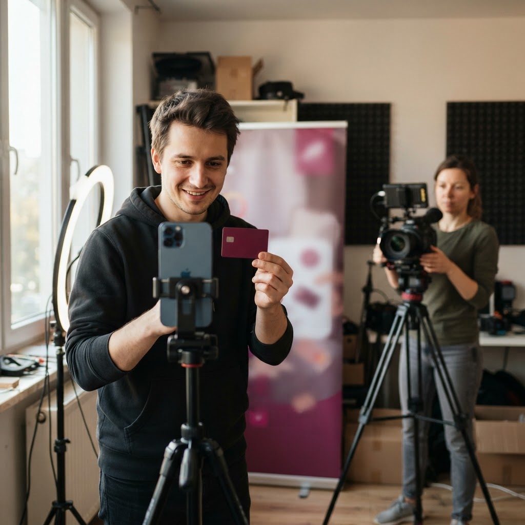 Młody twórca w jasnym studiu pokazuje bordową kartę przed telefonem na statywie podczas nagrywania kampanii banku.
