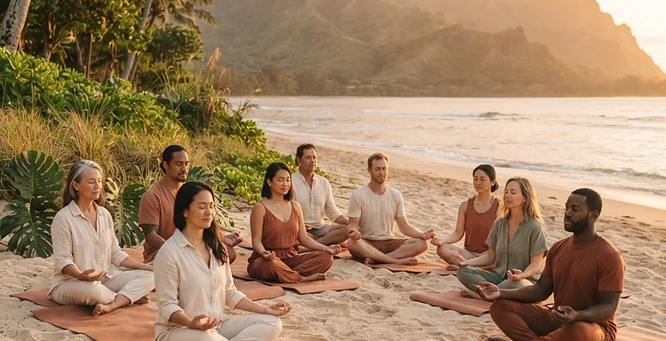 Group of people practicing yoga together on the beach at golden hour
