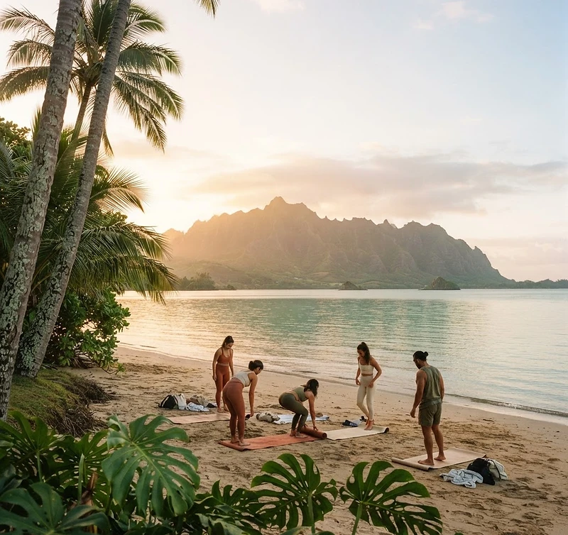 Community yoga group practicing together on the beach at golden-hour sunset, framed by palm trees and monstera leaves