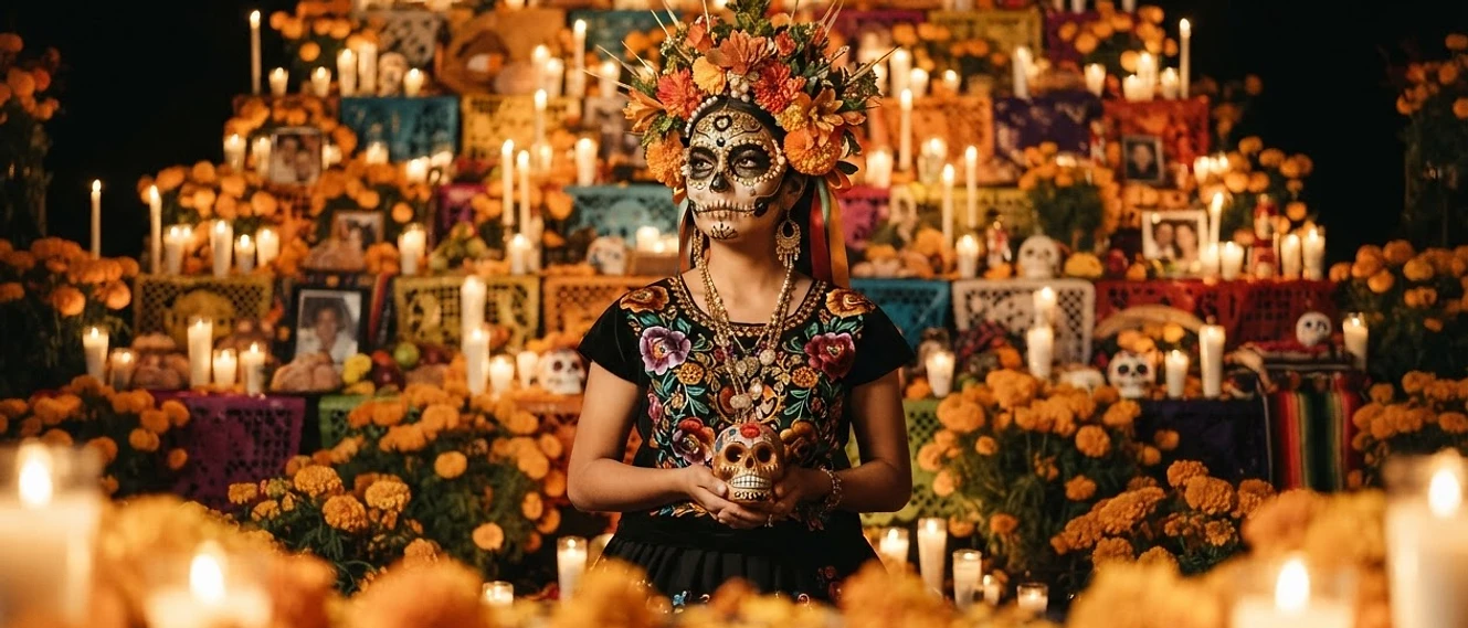 Retrato fine art de Día de Muertos frente a altar monumental de cempasúchil iluminado con velas